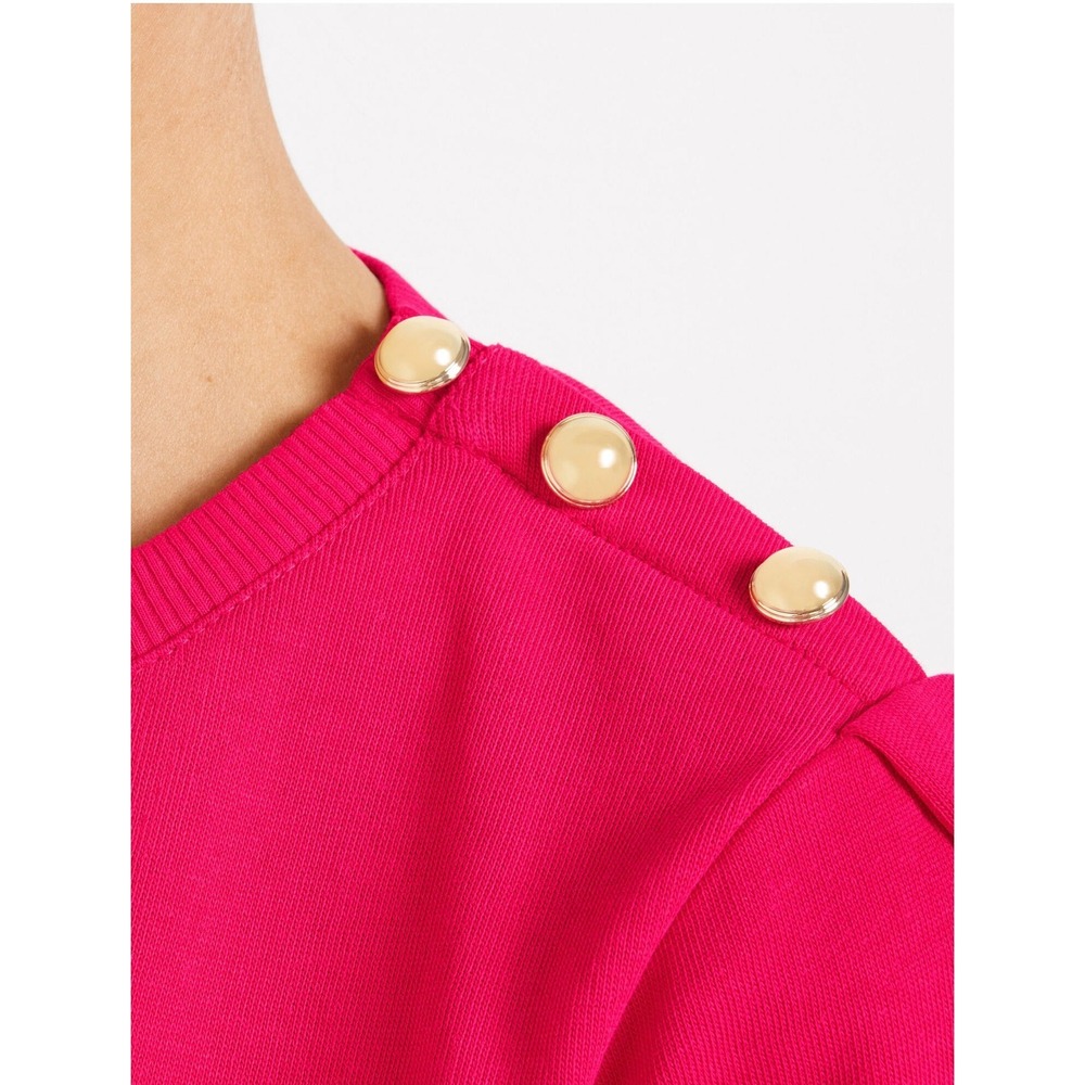 Talbots Pink Puff Sleeve Sweatshirt Top Gold Button Shoulder Cotton Small NWT - Picture 2 of 10